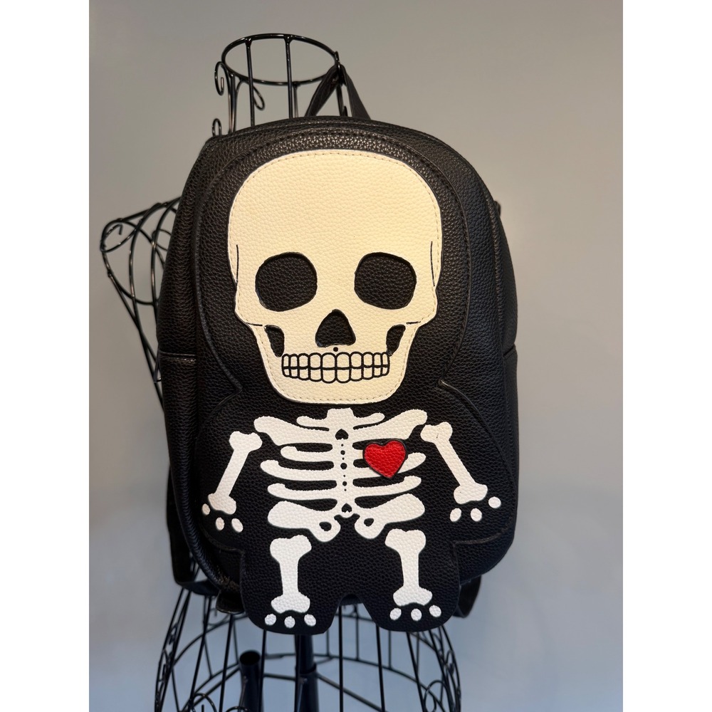Sleepyville Critters Skeleton Heart Mini Backpack Black Faux Leather Goth Bag